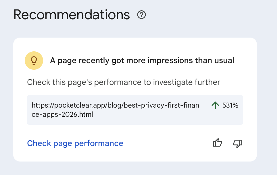 PocketClear top queries: mint alternatives 44 impressions, travel expense tracker app 38 impressions, best expense tracking apps 24 impressions